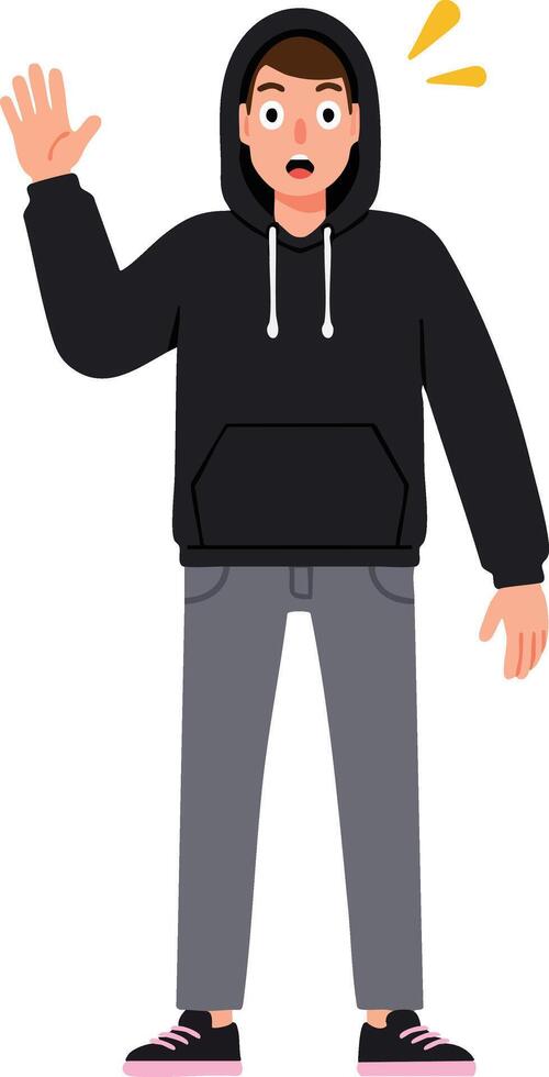 Young man in black hoodie waving hand surprised face casual clothing standing illustration vector