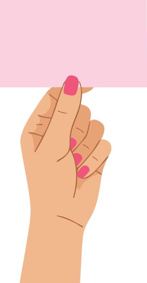 Female hand with pink nails holding blank pink card for note or message design vector