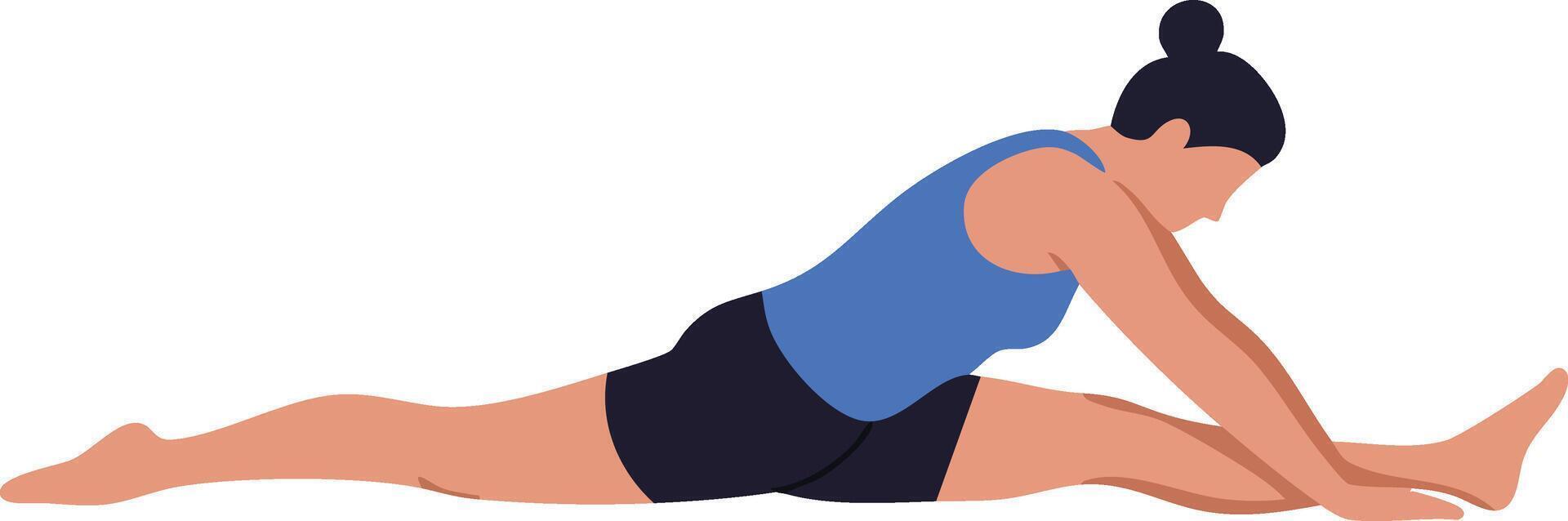 Woman stretching legs forward in seated split yoga pose for fitness and flexibility training illustration vector
