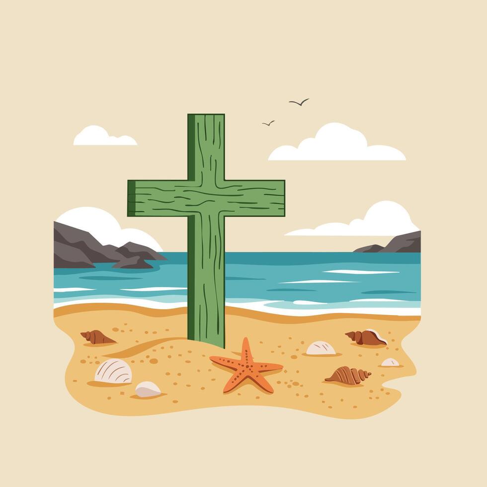 Green wooden cross on sandy beach with seashells starfish and ocean waves illustration vector