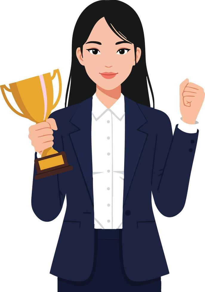 Businesswoman holding gold trophy celebrating success confident professional achievement award winner vector