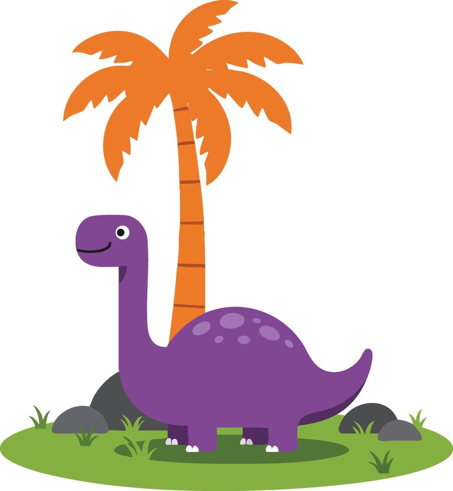 Purple dinosaur standing near orange palm tree on green grass with rocks simple art vector