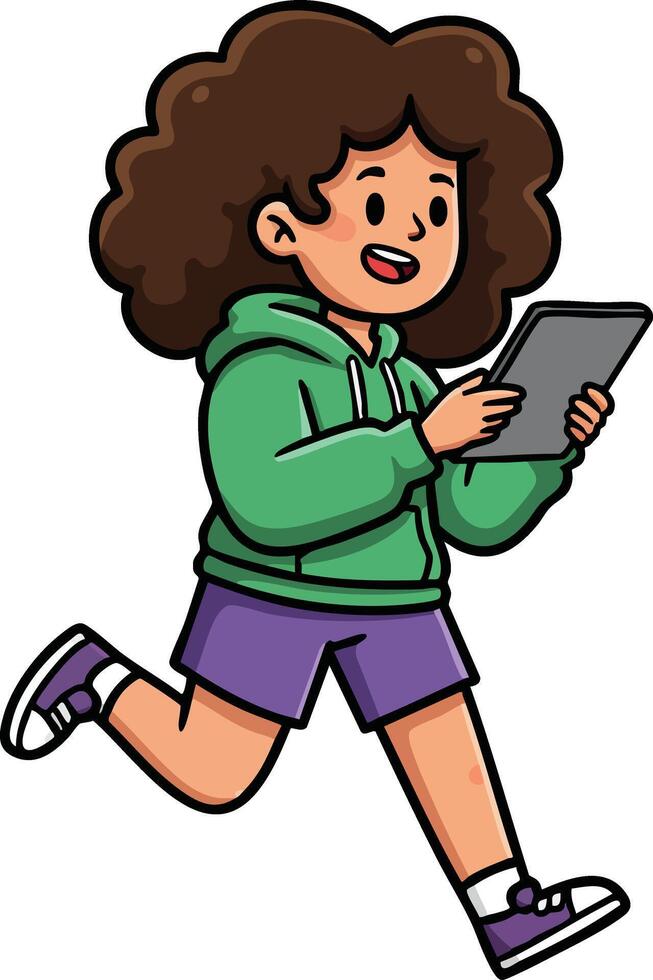Child running while playing on digital tablet with happy expression in casual outfit illustration vector