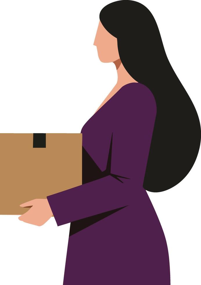 Woman with long black hair holding cardboard box in purple dress isolated on white background illustration vector