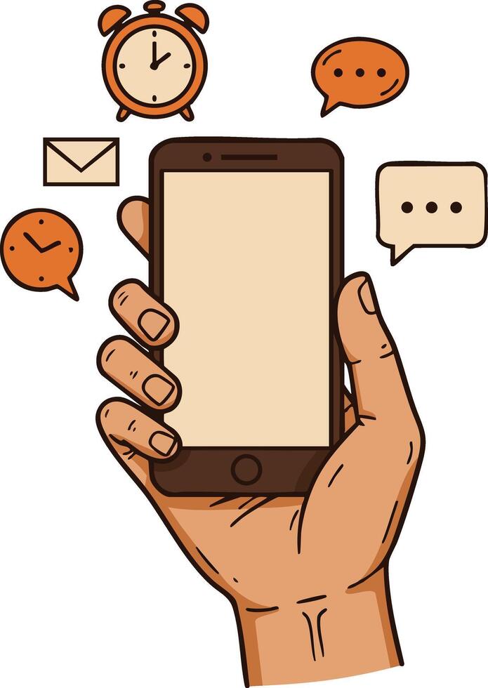 Hand holding smartphone with communication icons alarm clock message chat bubbles illustration vector