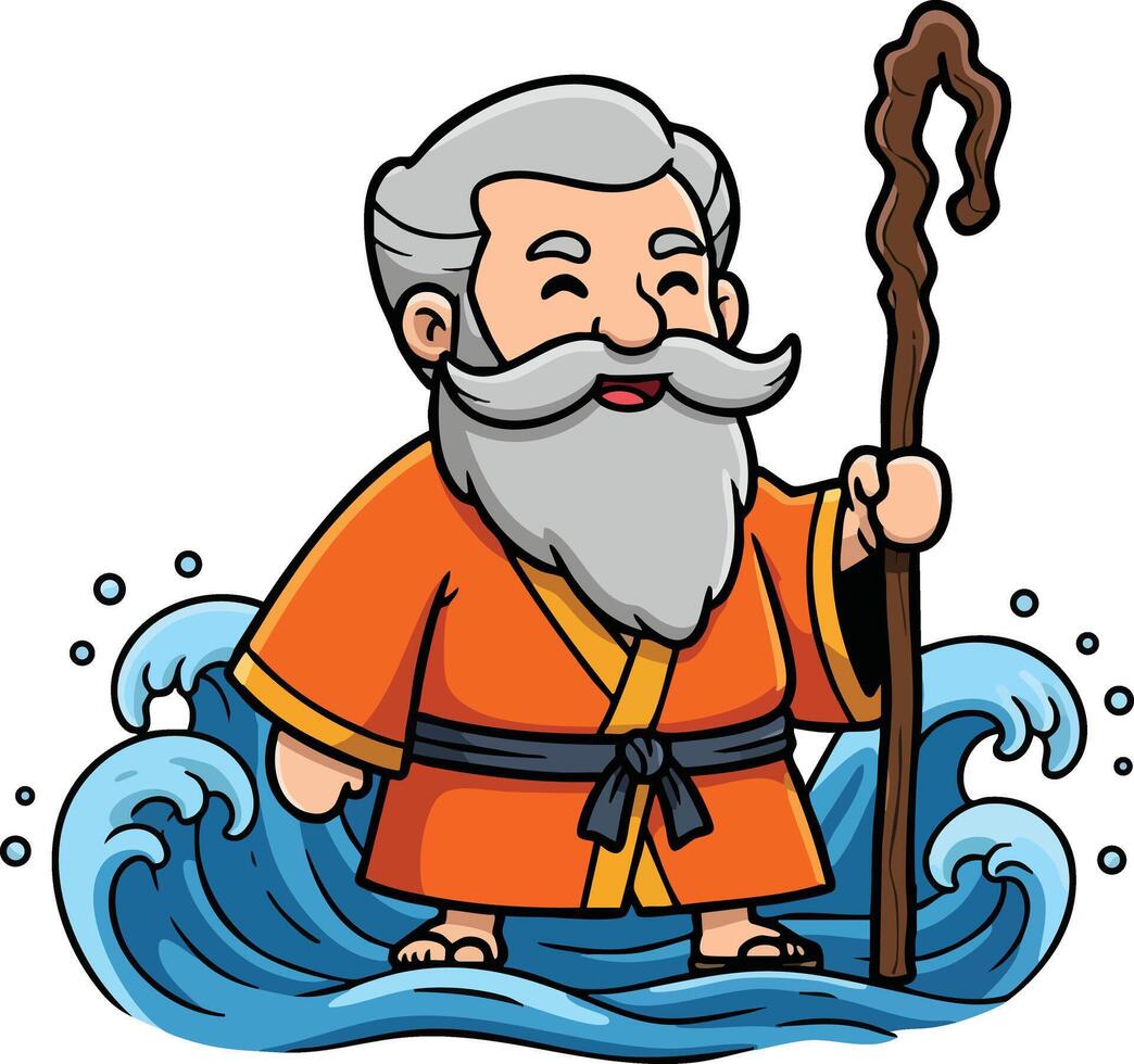 Cartoon elderly man with gray beard holding wooden staff standing in water waves illustration vector