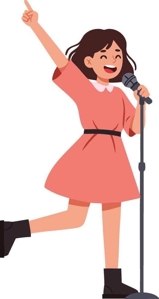 Young girl singing on stage holding microphone with joyful expression and energetic pose illustration vector
