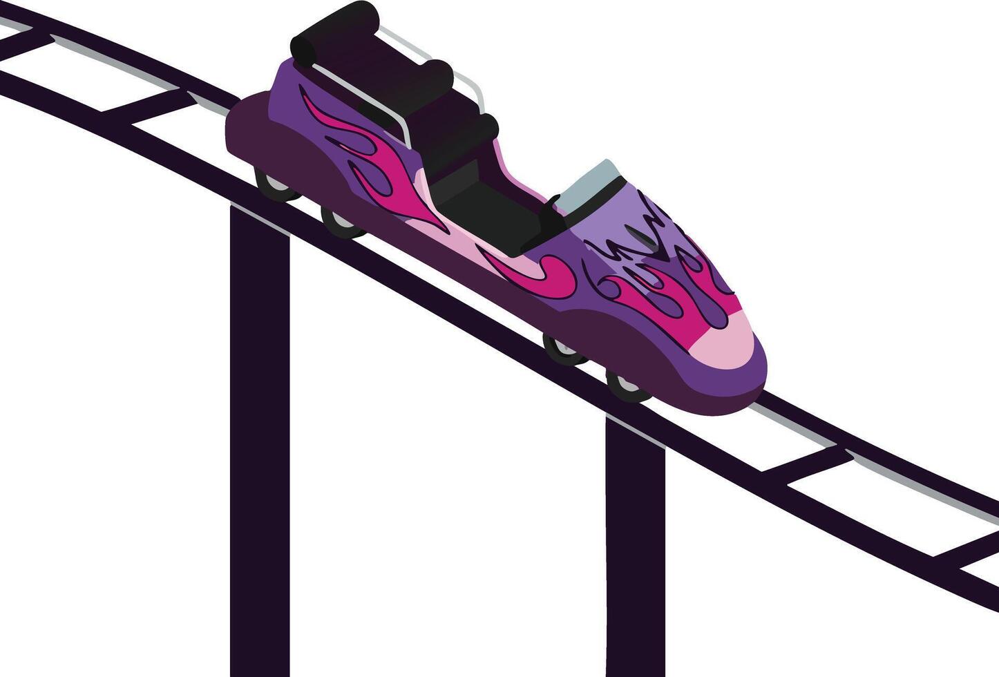 Roller coaster car on elevated track design with purple and pink flames cool amusement ride vector