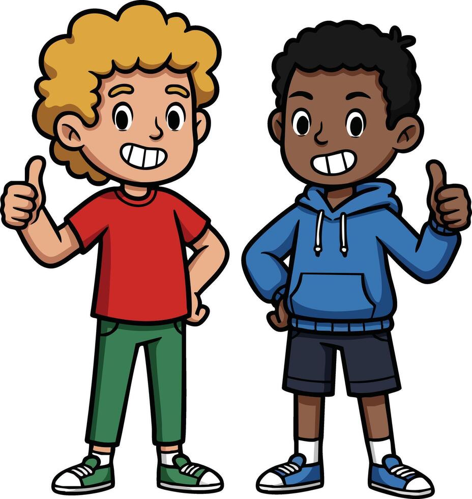 Two happy boys giving thumbs up gesture in casual colorful clothes smiling cheerful illustration vector