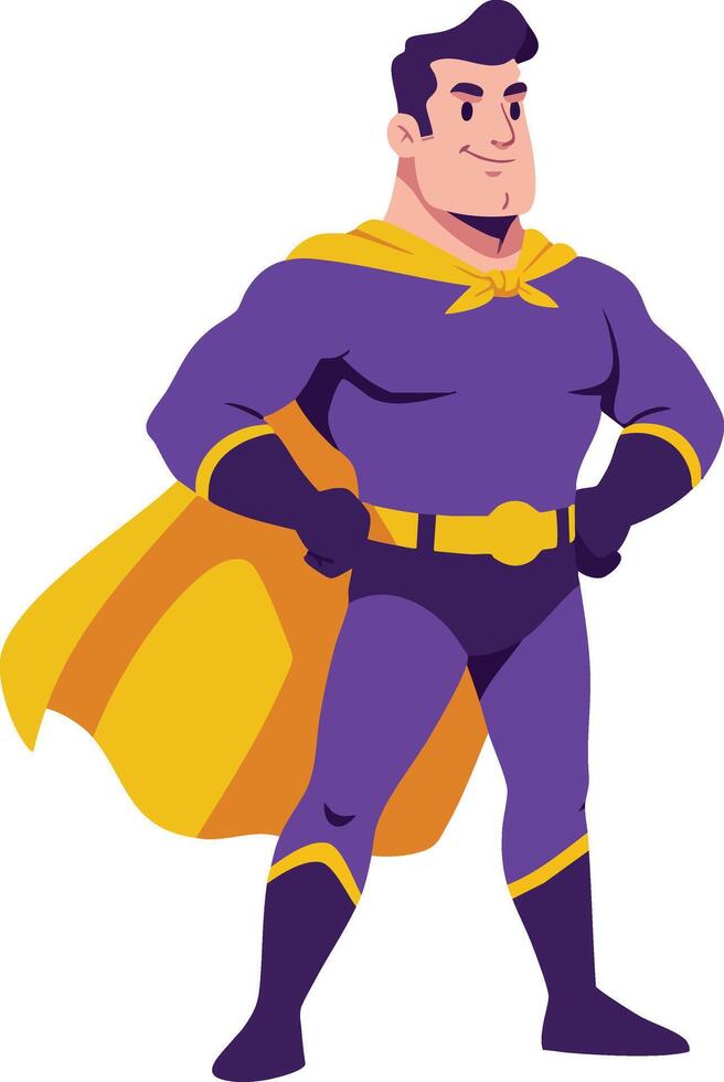 Superhero character in confident pose wearing purple suit and yellow cape illustration for comic and fantasy design vector