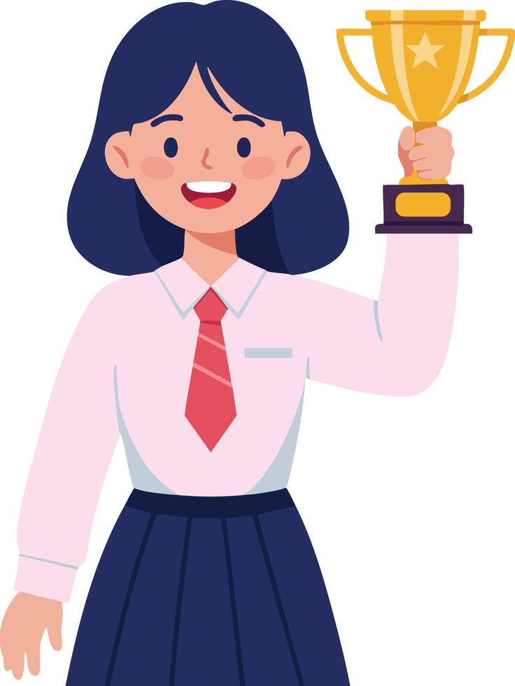 Girl holding golden trophy celebrating success achievement illustration vector