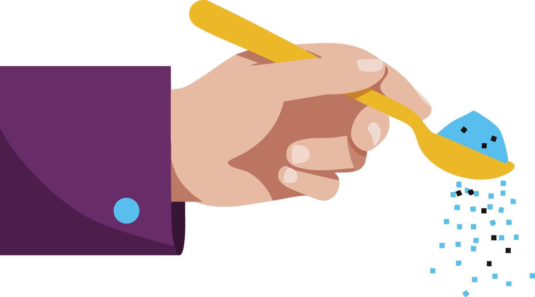 Hand holding yellow spoon with blue powder pouring in flat style illustration vector