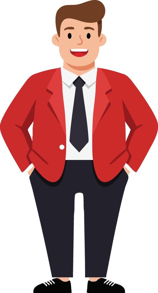 Young man smiling standing with hands in pockets wearing red jacket and black tie illustration vector