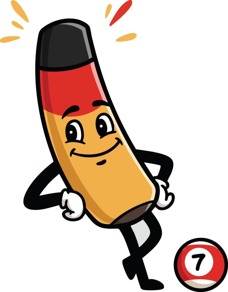 Cartoon Pool Cue Character Smiling with Number Seven Billiard Ball Playful Illustration vector
