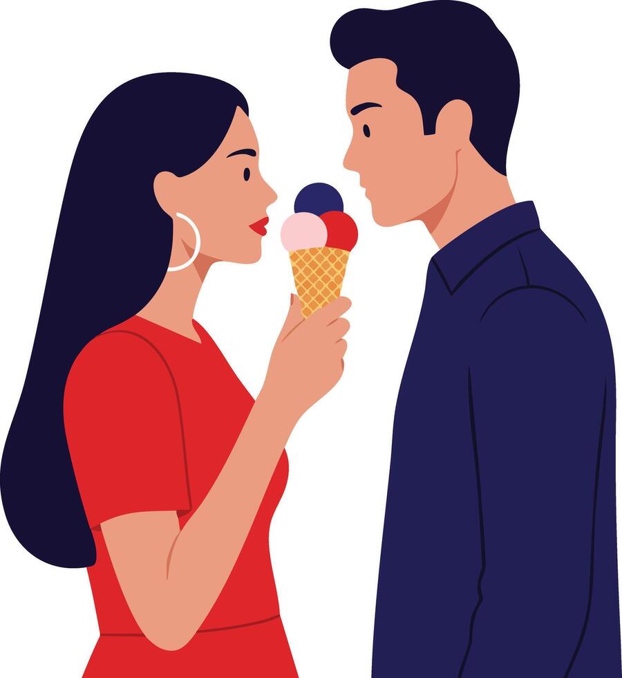 Couple sharing ice cream cone with three scoops in romantic moment illustration vector