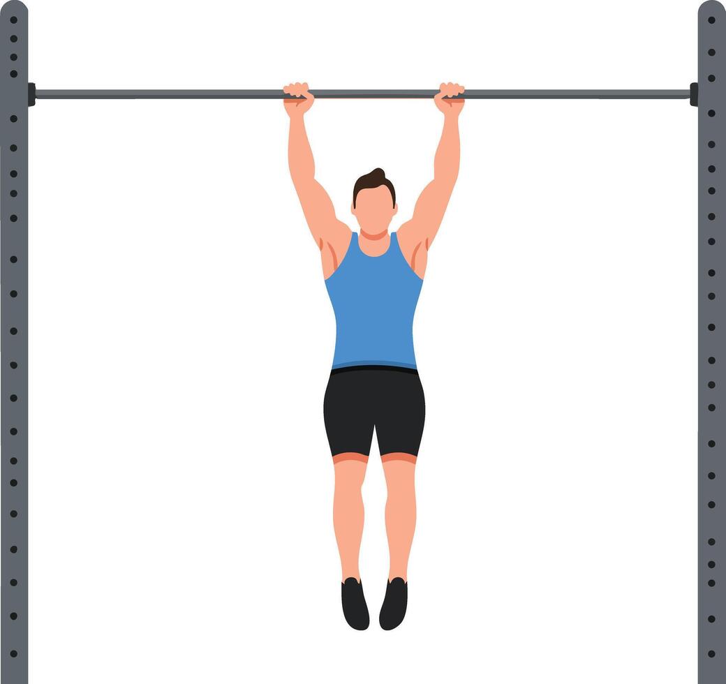 Man performing pull up exercise on horizontal bar fitness training for strength and endurance development vector