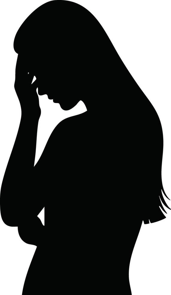 Silhouette of woman holding head in thoughtful pose illustration of female figure expressing contemplation and stress vector