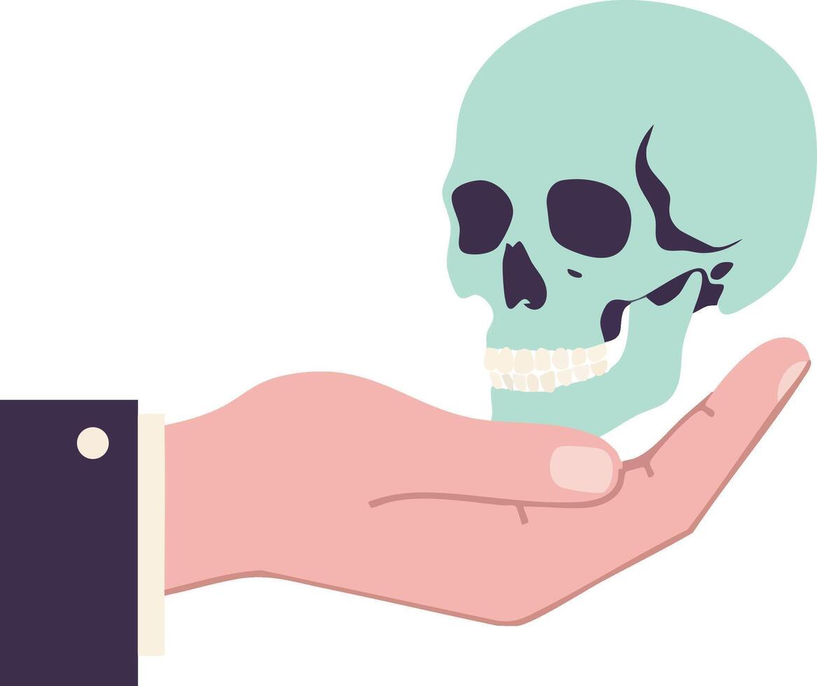 Human skull held in hand illustration with pastel colors and simple design for anatomy and medical themes vector