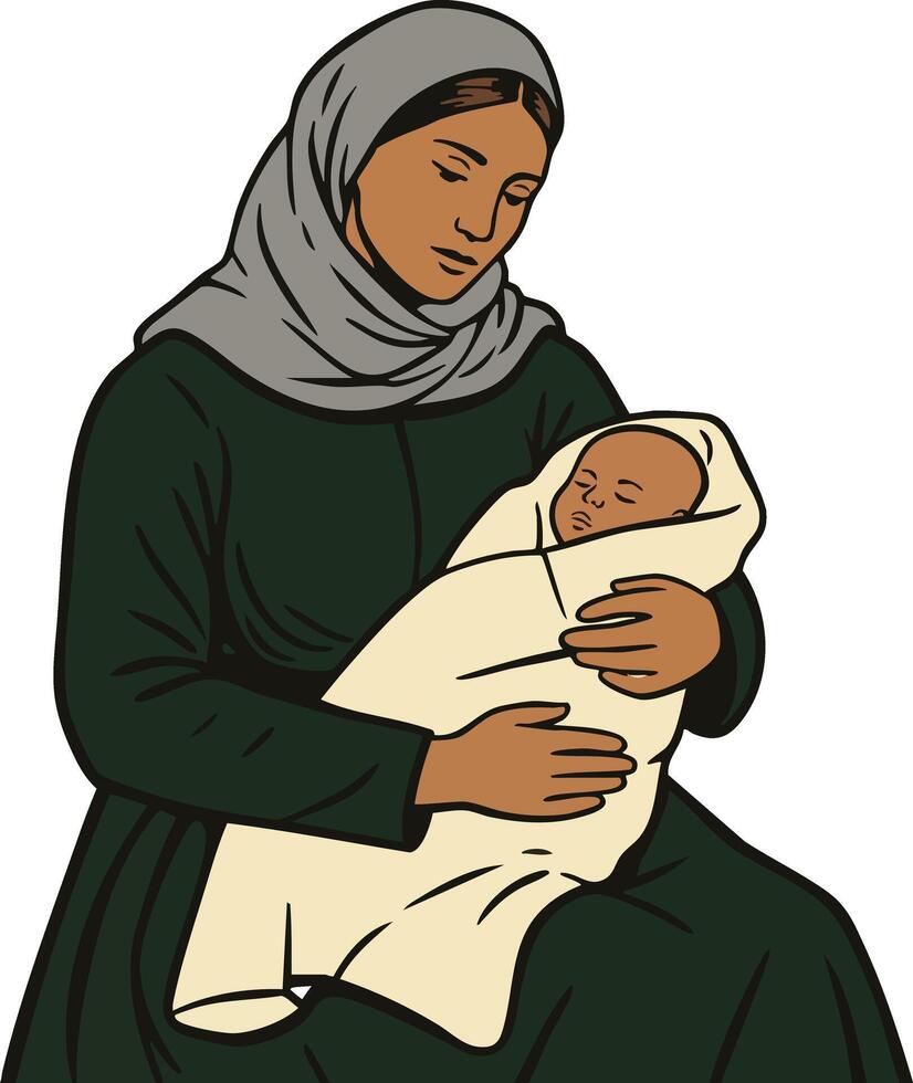 Muslim mother holding newborn baby wrapped in blanket sitting peacefully illustration vector