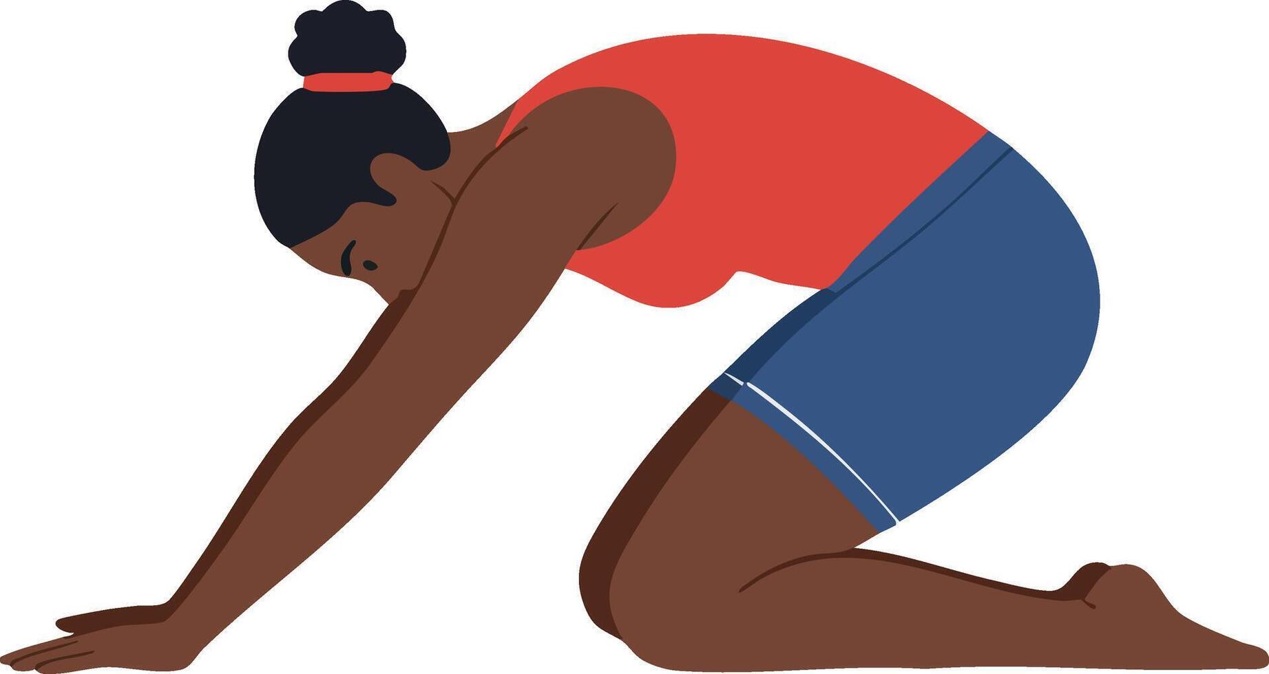 Woman performing child pose yoga stretch in red top and blue shorts for fitness and relaxation illustration vector
