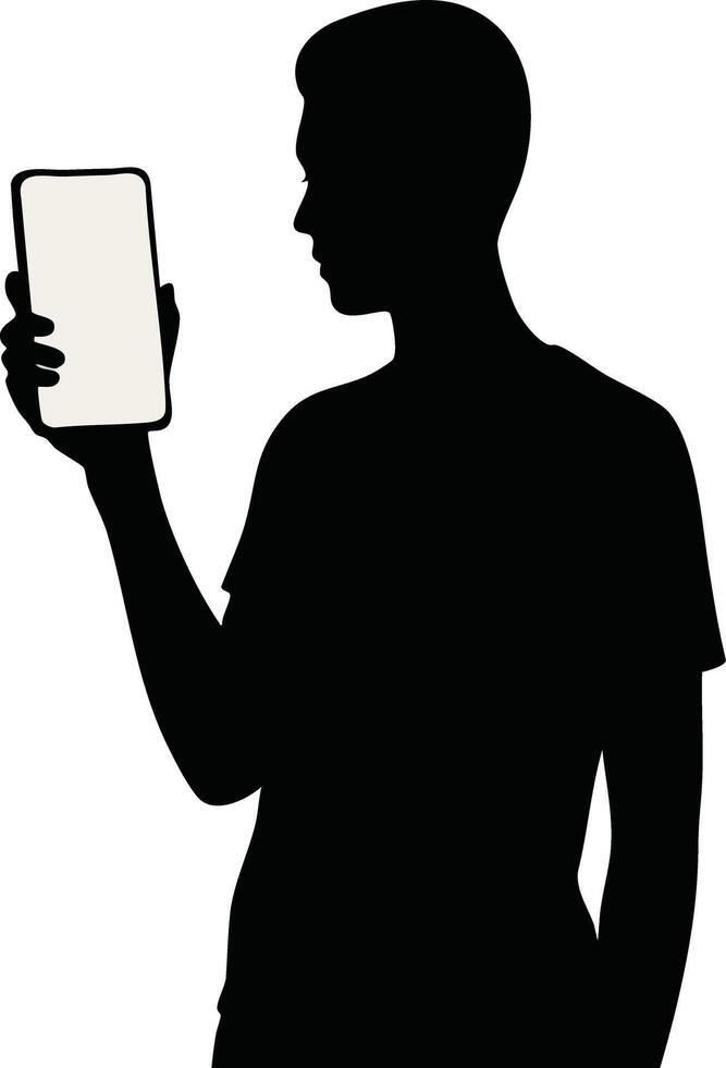 Silhouette of person holding smartphone in portrait style digital device isolated on white background illustration vector