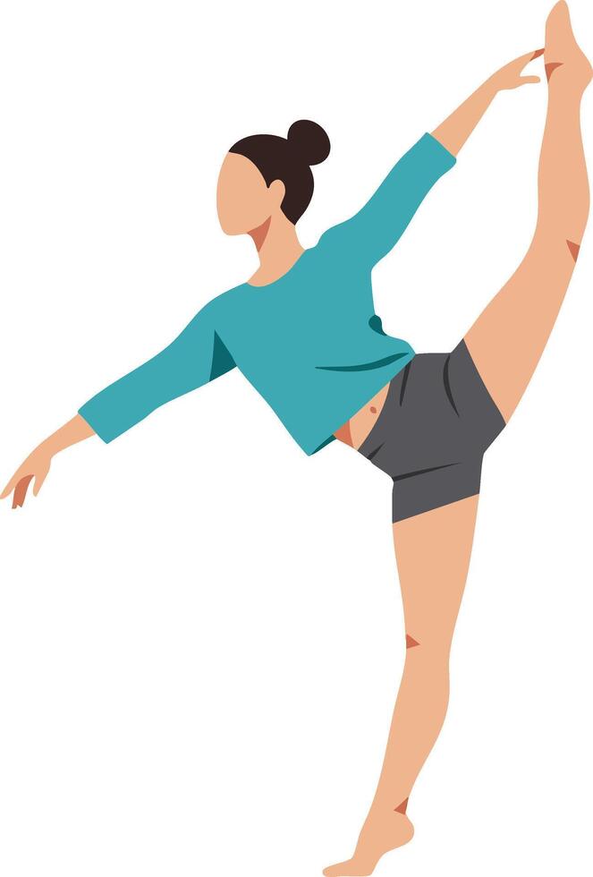 Woman practicing ballet dance pose with teal shirt and black shorts in style illustration vector