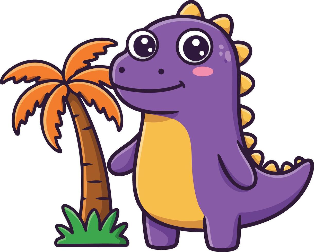 Cute purple dinosaur standing beside small orange palm tree cartoon character illustration vector