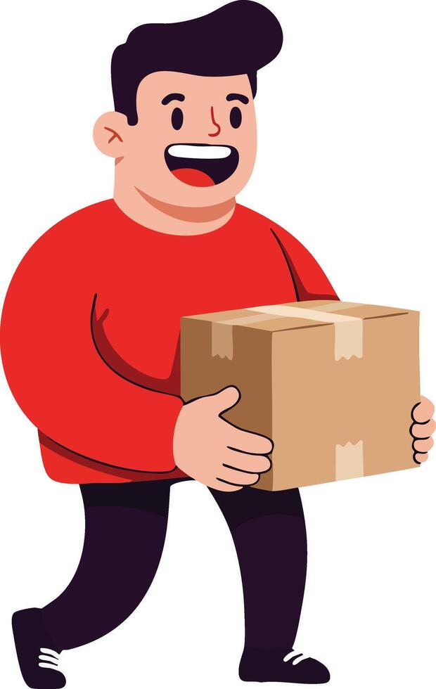 Happy man carrying cardboard box walking with cheerful expression and casual clothing illustration vector