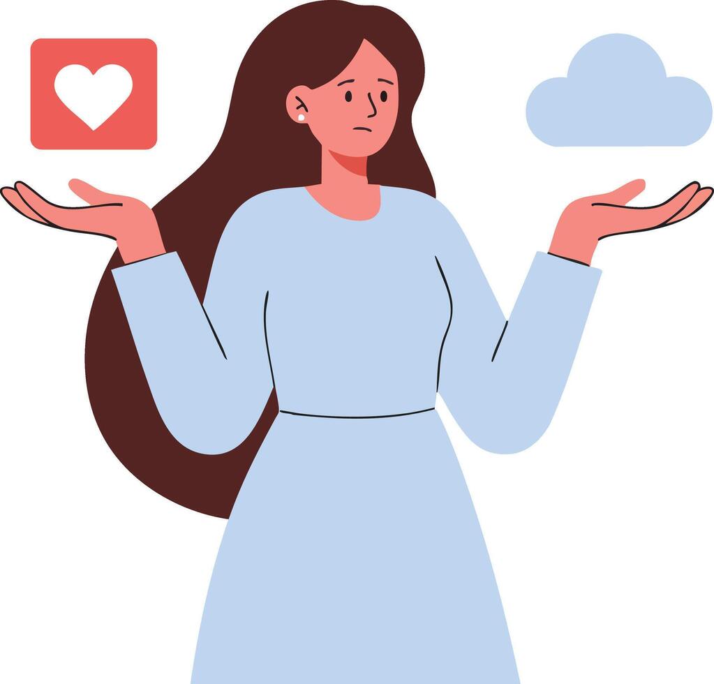 Woman weighing social media like heart icon and cloud technology illustration with confused expression vector
