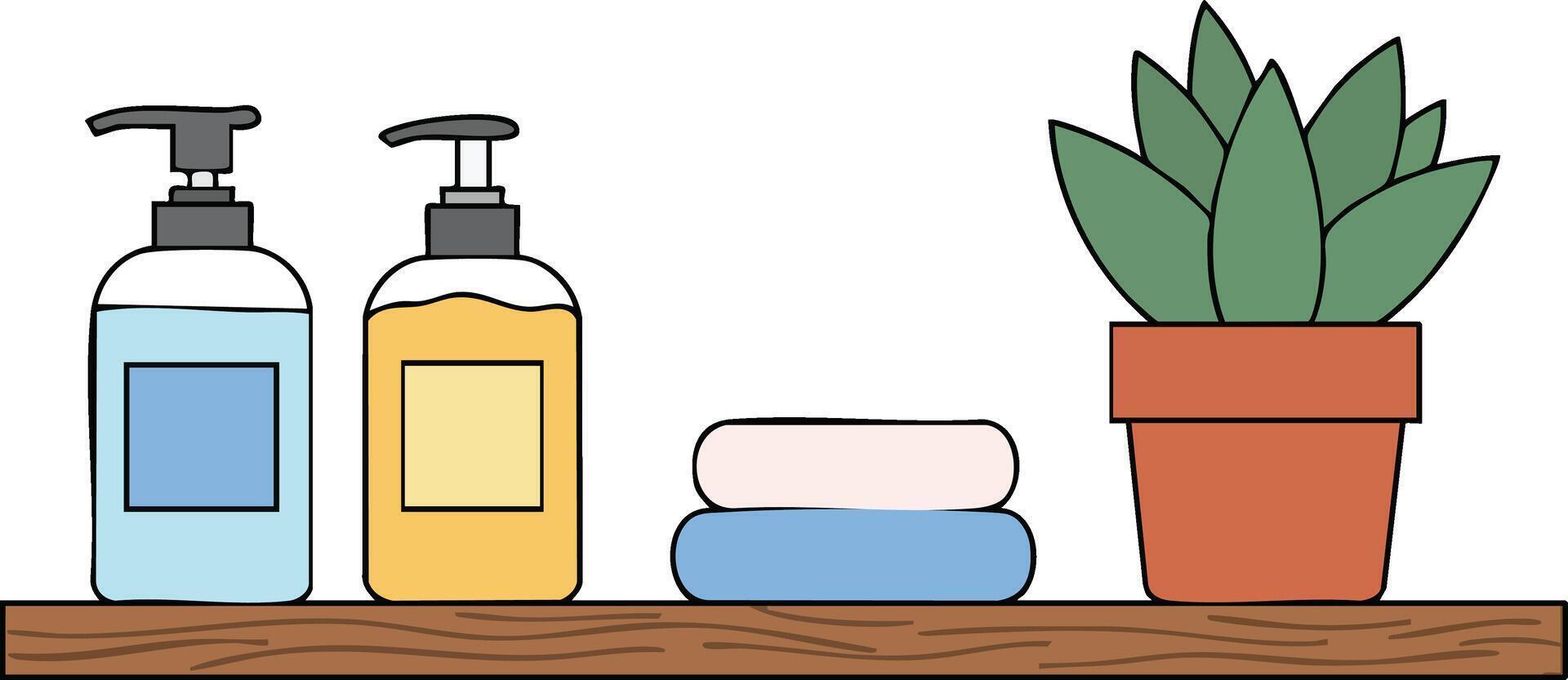 Bathroom shelf with soap dispensers towels and potted succulent plant for minimalist home decor illustration vector