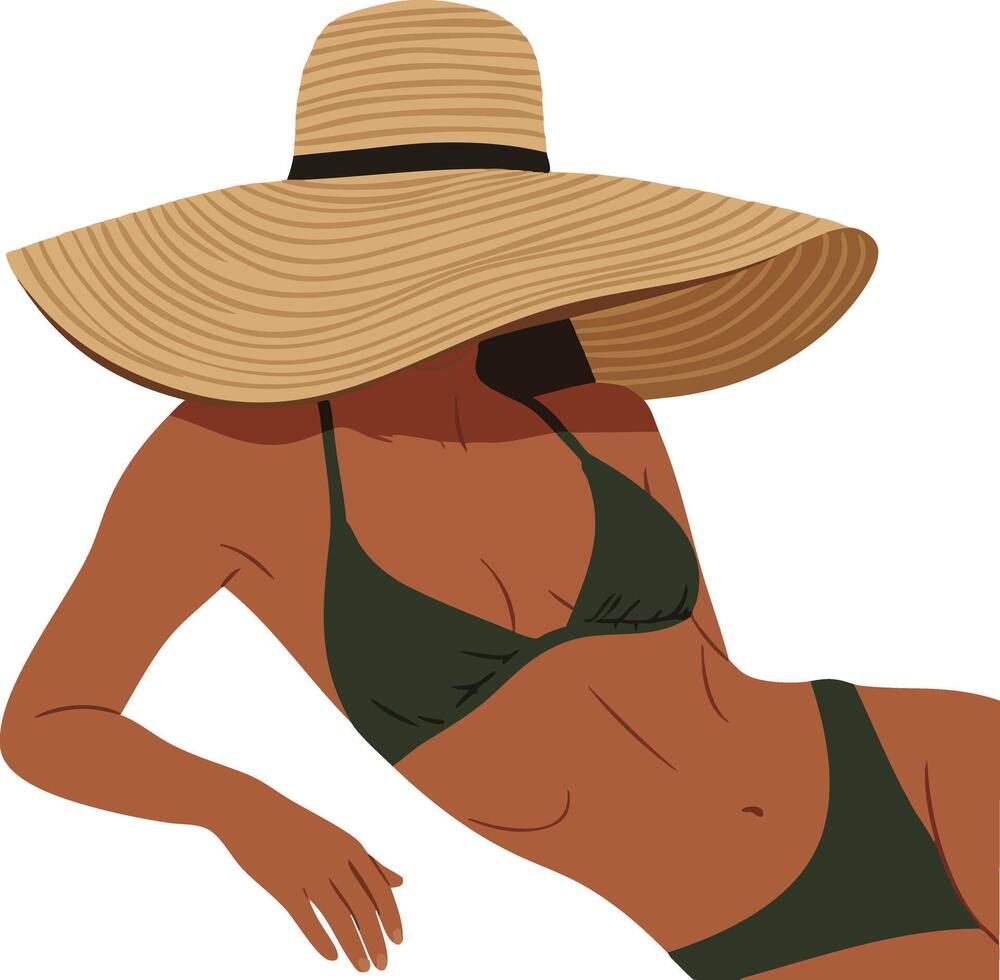 Woman relaxing in wide brimmed sun hat and dark green bikini illustration summer lifestyle fashion vector
