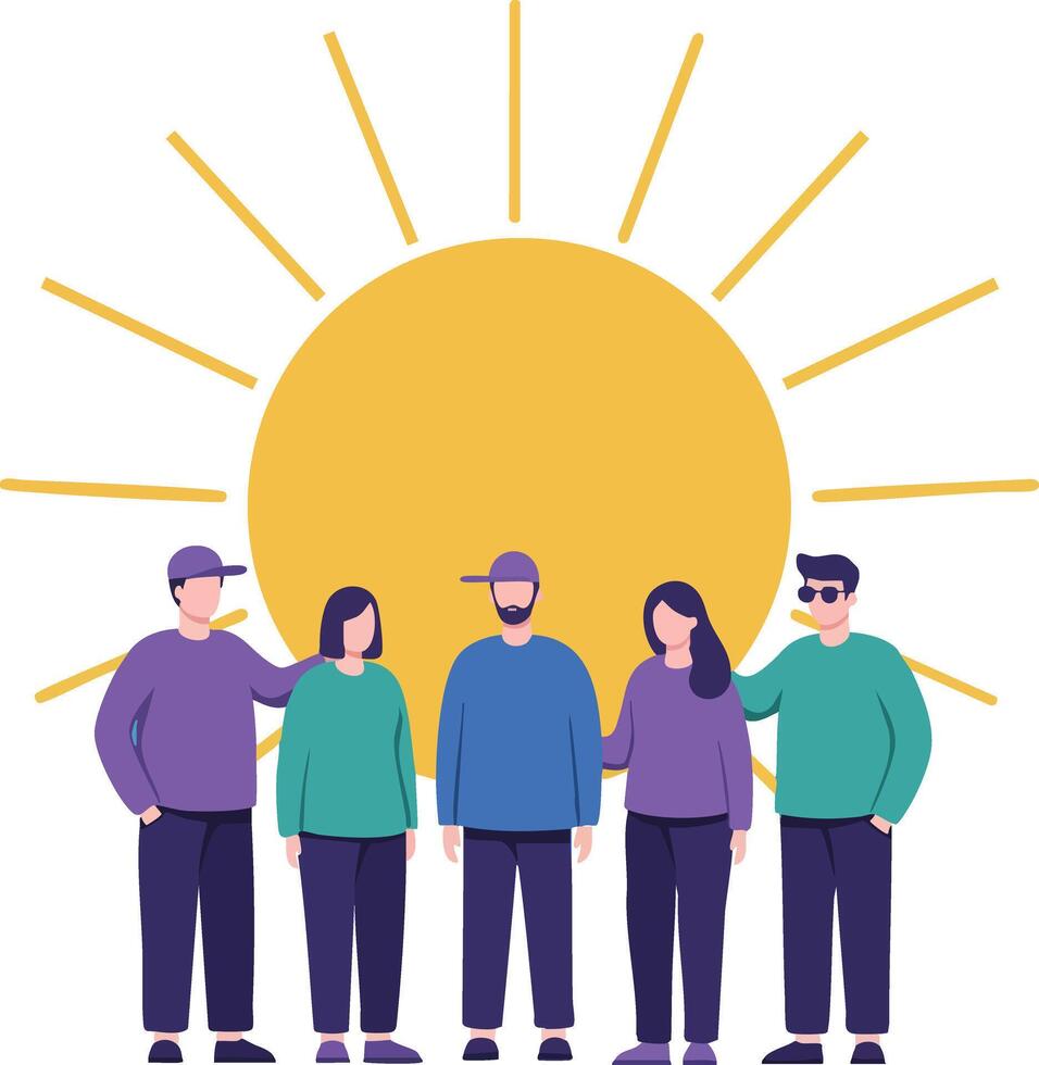 Group of diverse people standing together under bright yellow sun rays illustration with friendship and unity concept vector
