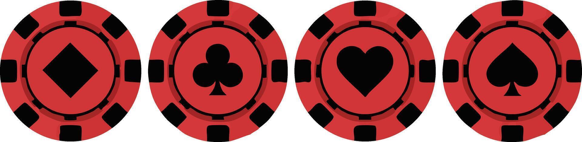 Red casino poker chips with diamond club heart and spade symbols illustration for gambling game design elements vector