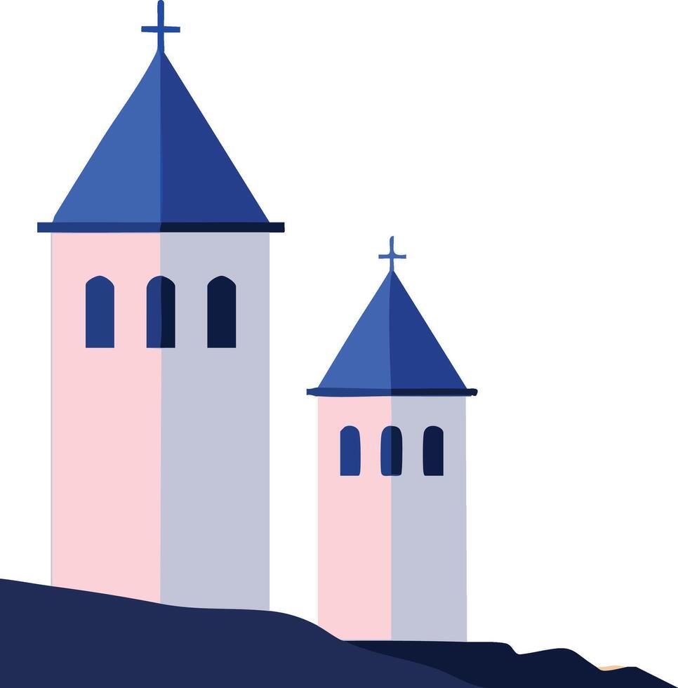 Church towers with blue roofs and crosses on hill design minimal style illustration vector