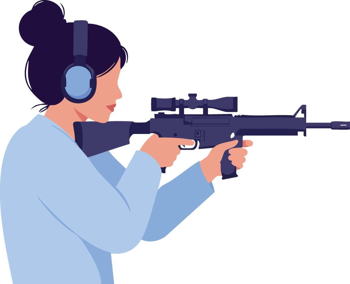 Woman aiming with scoped rifle wearing blue headphones and light blue sweater illustration vector