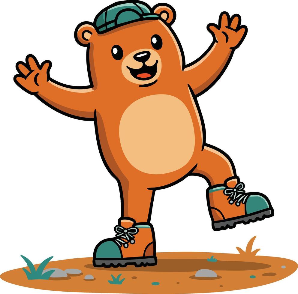 Cartoon bear wearing green cap and orange hiking boots standing on dirt path happy and playful animal illustration vector