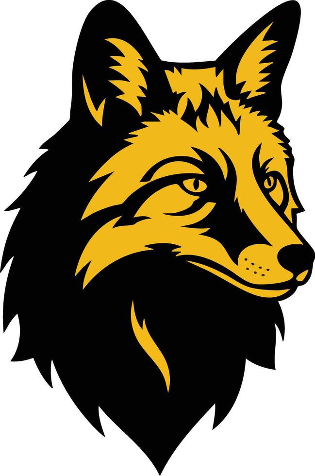 Fox head design featuring bold black and golden yellow colors with sharp detailed lines and stylized animal portrait vector