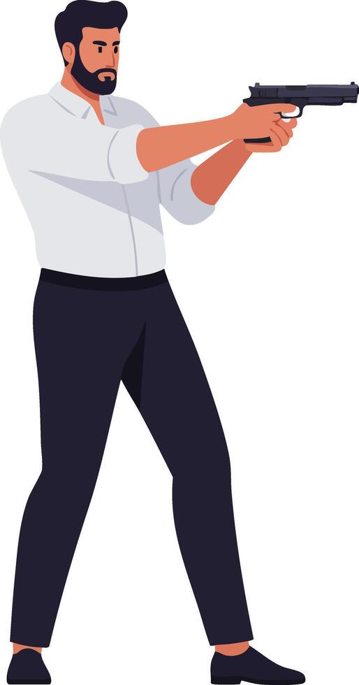 Man aiming handgun in confident stance holding pistol with two hands illustration vector