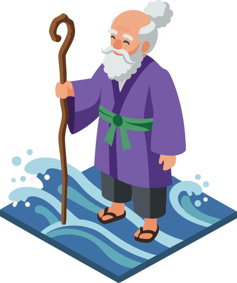 Elderly wise man standing on stylized water waves holding wooden staff in traditional purple robe illustration vector