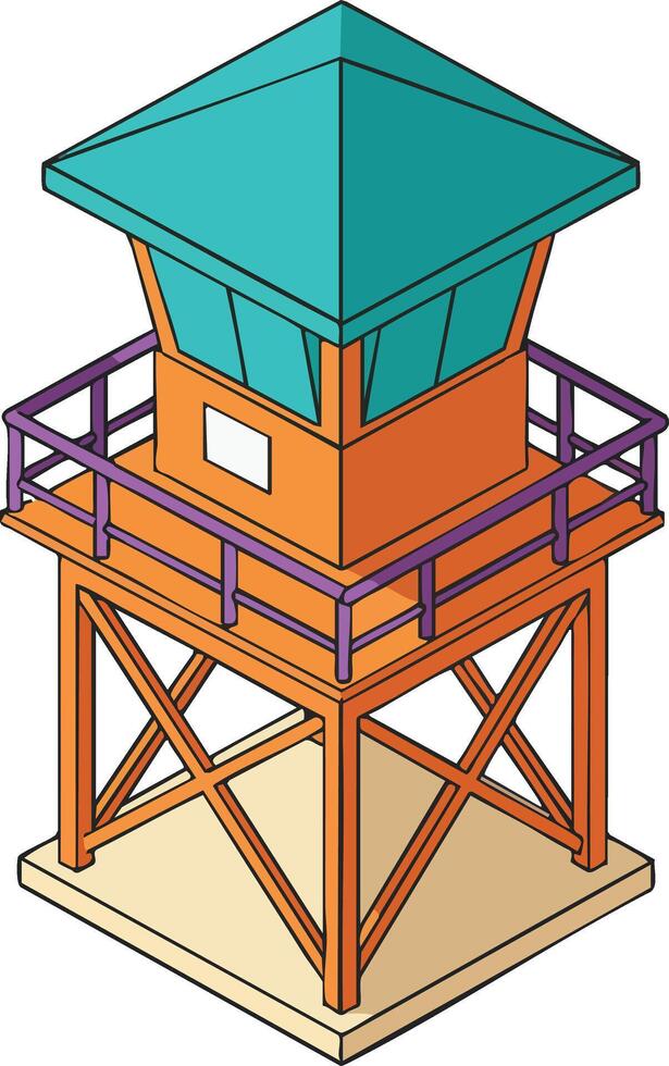 Watchtower tower structure with teal roof and orange wooden frame in style illustration vector