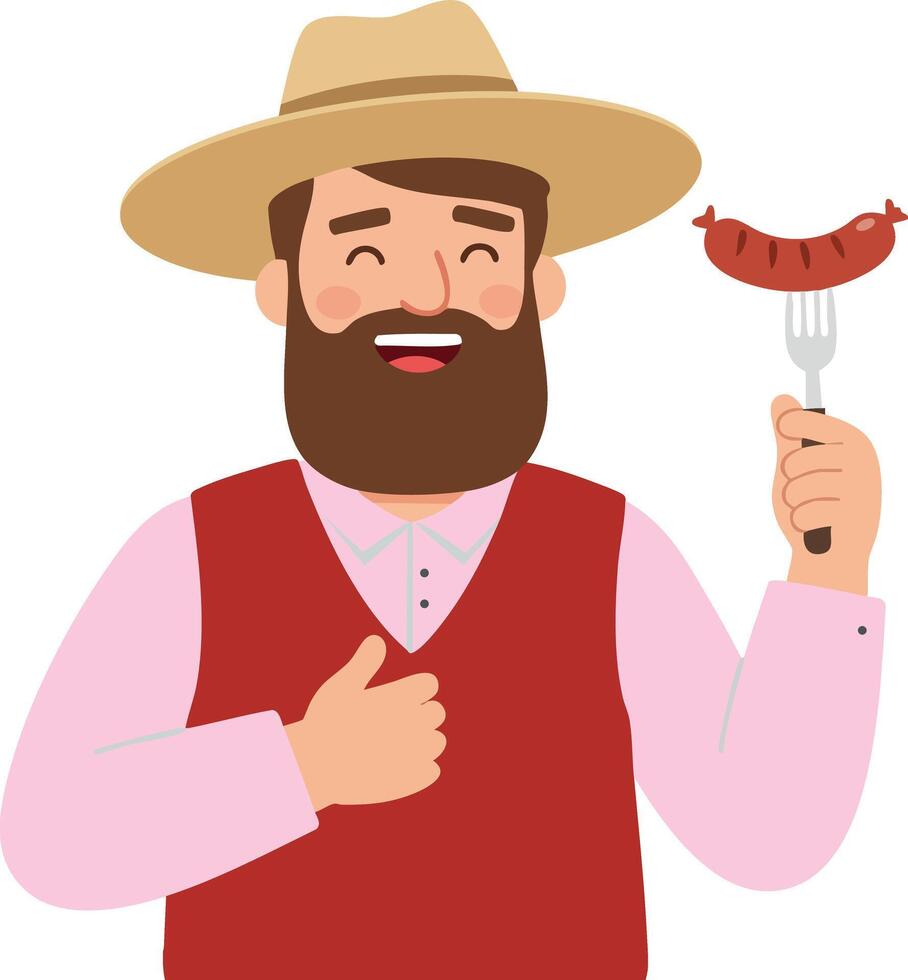 Bearded man holding fork with sausage smiling wearing hat and red vest illustration vector