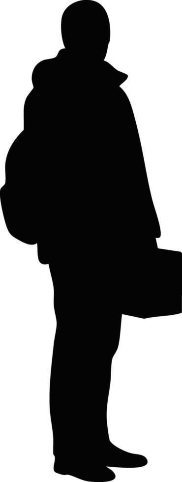 Silhouette of man standing with backpack and briefcase illustration in black and white design vector