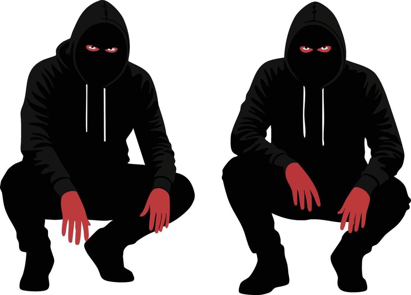 Two crouching figures in black hoodies with red hands and glowing eyes mysterious dark characters illustration vector