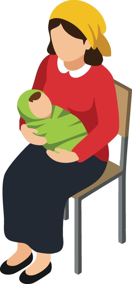 Woman holding baby wrapped in green blanket sitting on chair wearing red top and yellow headscarf illustration vector