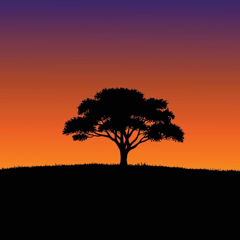 Tree silhouette on hill during vibrant sunset with orange and purple sky natural landscape illustration vector