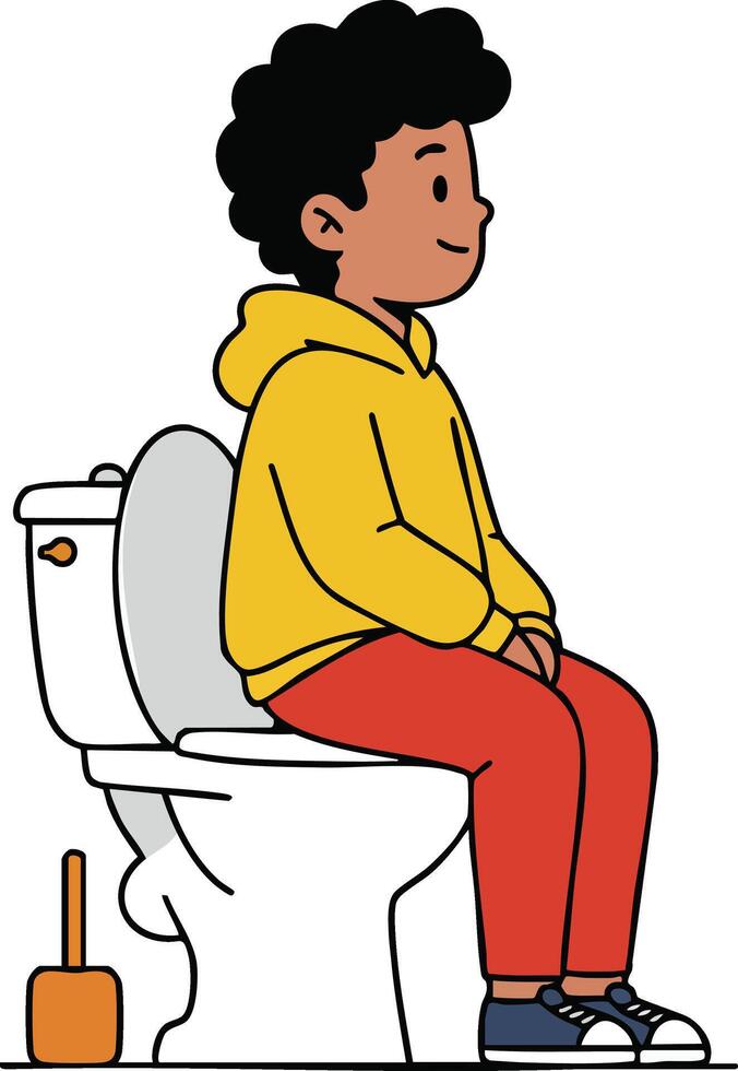 Boy sitting on toilet wearing yellow hoodie and red pants bathroom hygiene routine illustration vector