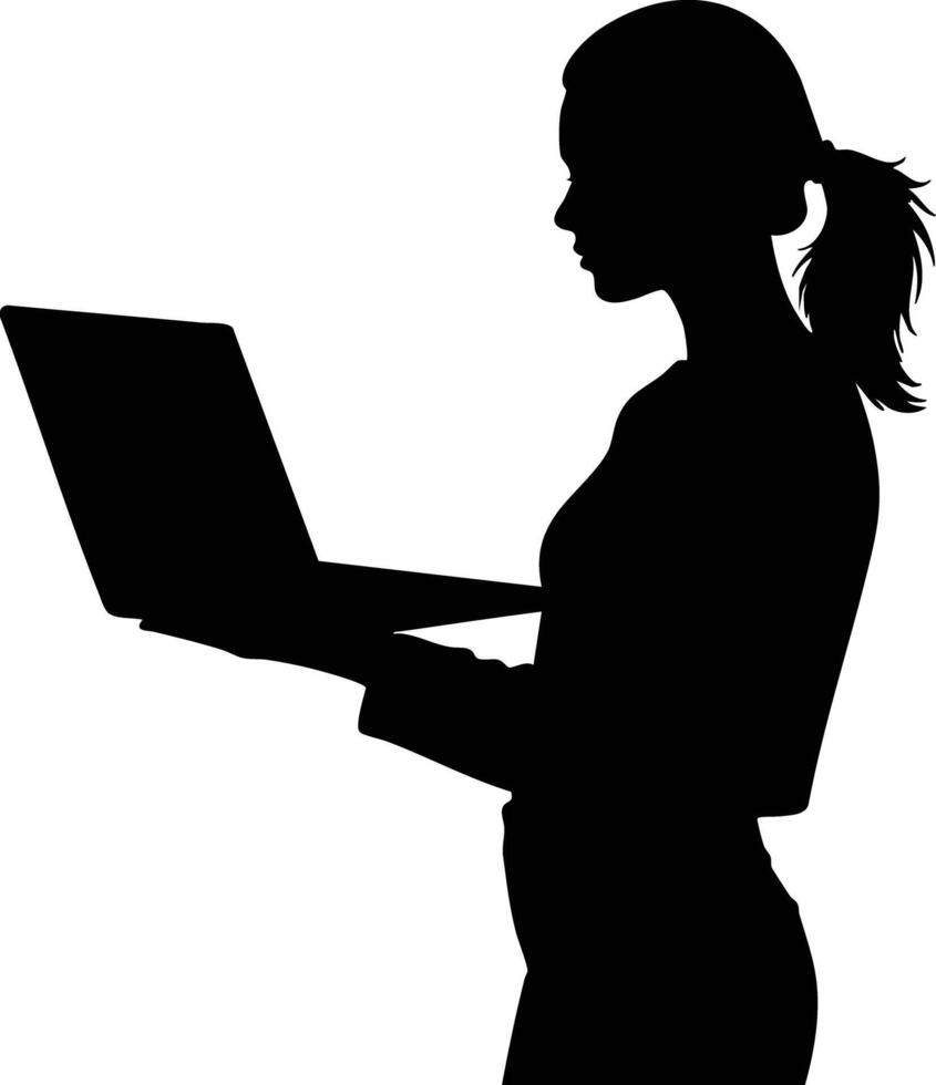 Woman silhouette working on laptop technology device with ponytail hairstyle illustration vector