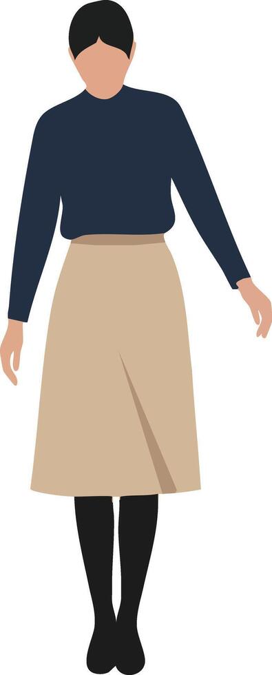Woman standing wearing navy blue top beige skirt and black tights illustration in simple style vector
