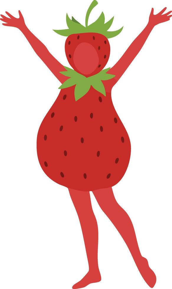 Strawberry costume person dancing with raised arms cheerful summertime character illustration vector