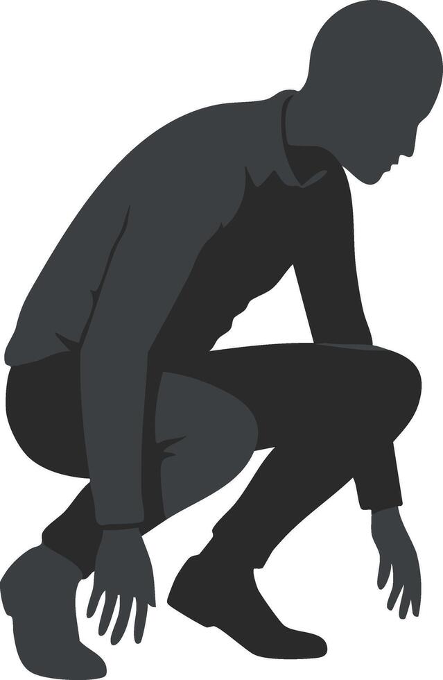 Silhouette of crouching man in dark outfit resting on toes isolated design for active pose or exercise illustration vector